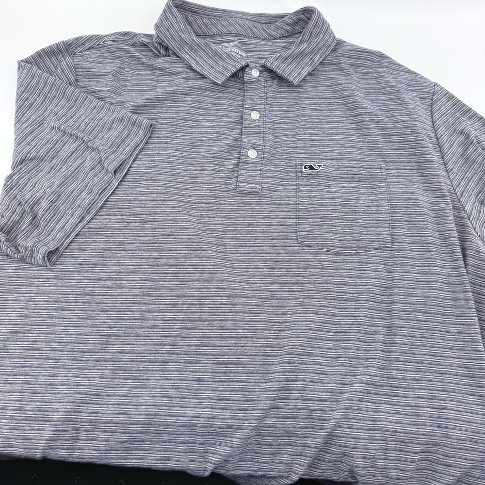 Vineyard Vines Edgartown Polo Men 2XL Blue Striped Pima Cotton Blend Pocket Shrt